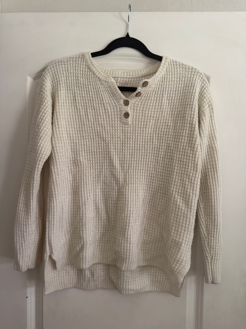 Girl’s Cream Waffle Knit Button-Shoulder Sweater